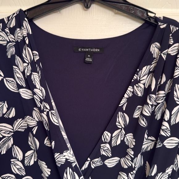 Leaf Print Navy Wrap Dress Fall Autumn Staple Work Business Office - Picture 3 of 6